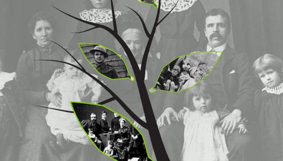 Old fashioned photo of a family with a tree graphic overlay