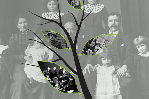 Old fashioned photo of a family with a tree graphic overlay