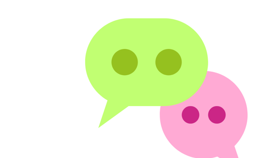 Green and pink speech bubble with eyes