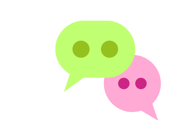Green and pink speech bubble with eyes