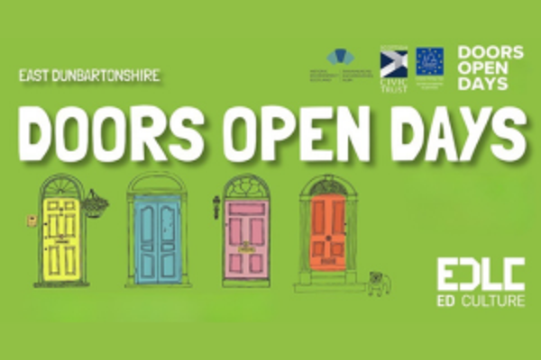 a graphic featuring four front doors all different colours on a green background with text that reads 'doors open days'